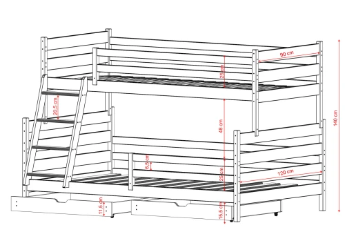 FAMI 90x200/120x200 dark chocolate bunk bed with wider deck Lano Furniture
