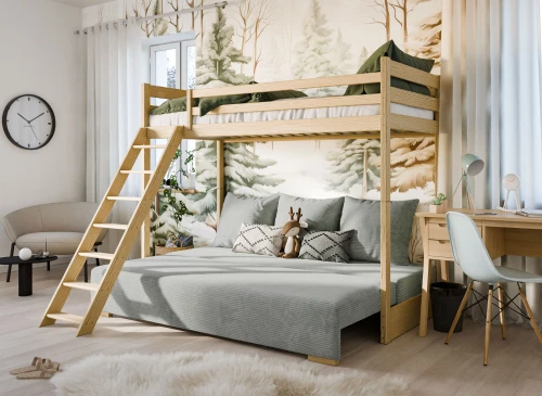 SOFINO 90x200/140x200 borovica na poschodovej posteli s rozkladacou pohovkou sivá látka zoom 15 sage Lano Nábytok