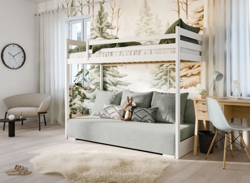 SOFINO 90x200/140x200 biela na poschodovej posteli s rozkladacou pohovkou sivá látka zoom 15 sage Lano Nábytok