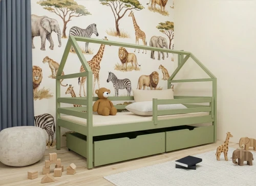 ARON 80x170 olive green single children's house bed Lano Furniture