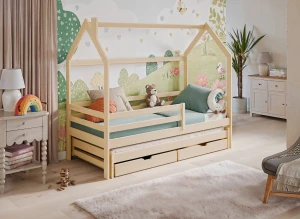 DANEK 80x190 Unvarnished Wooden Children's Bed House Lano Furniture