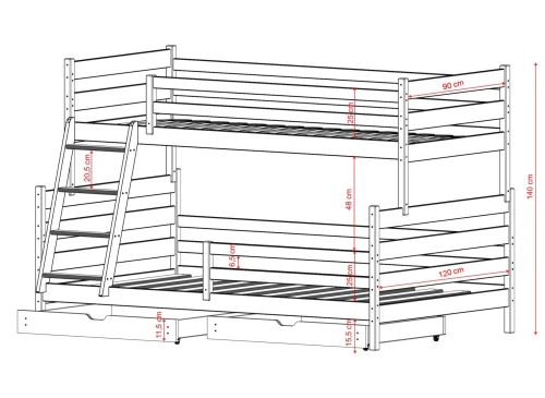 FAMI 90x200/120x200 Untreated Wood Bunk Bed with Wider Berth | Lano Furniture