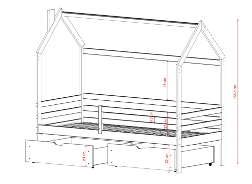 LILA 80x160 Unvarnished Wood Children's Single Bed House Lano Furniture