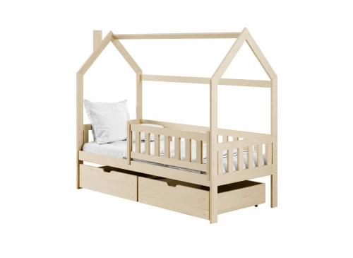 NATAN 80x190 Unvarnished Wood Children's Single Bed House Lano Furniture