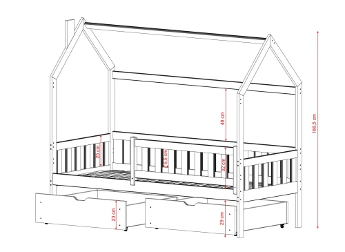 NATAN 90x190 Unvarnished Wood Children's Single Bed House Lano Furniture