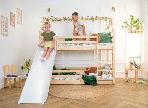 PLAY 90x190 Unpainted Wood House Bunk Bed with Slide | Lano Meble