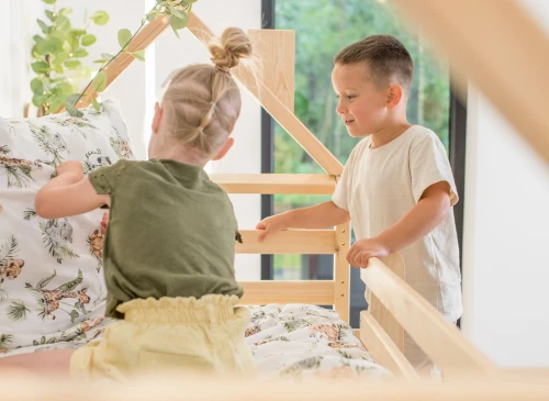 PLAY 90x190 Unpainted Wood House Bunk Bed with Slide | Lano Meble
