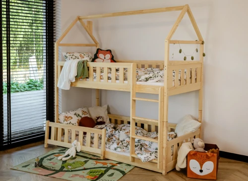 POLA 90x190 Unvarnished Wood House Bunk Bed Lano Meble