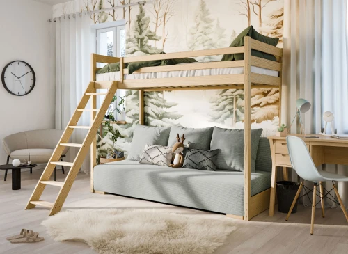 SOFINO 90x200/140x200 Loft Bed Unvarnished Wood with Fold-Out Sofa Fabric Grey Zoom 15 Sage Lano Furniture