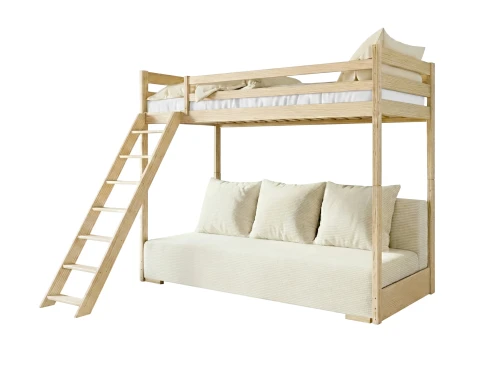 SOFINO 90x200/140x200 Loft Bed - Untreated Wood with Beige Fabric Sofa Bed | Lano Meble