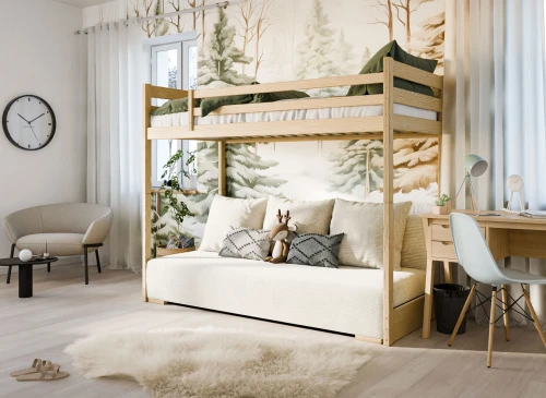 SOFINO 90x200/140x200 Loft Bed - Untreated Wood with Beige Fabric Sofa Bed | Lano Meble